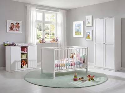 Produktbild von Babyzimmer-Set Kinderzimmer Babybett Wickelkommode Kleiderschrank 90 cm in Weiß / 22801