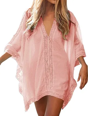Produktbild von Strandkleid Sommer Damen Kurz, Strandponch V-Ausschnitt, Chiffon Badeanzug Bikini Cover-Ups, Spitzen Tunika Strandurlaub Transparent Sommerkleid, Casual Lose Pareo