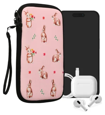 Produktbild von kwmobile Handytasche für Smartphones XXL - 7" - Neopren Handy Tasche Hülle Cover Case Schutzhülle - Hasen und Blumen Weiß Braun Hellrosa - 17,7 x 8,5