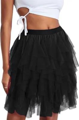 Produktbild von ASKSA Damen Tuellrock Kurzer Tuell Petticoat Unterrock High Waist A-Linie Tutu Rock Minirock Faschingskostueme Tuetue Rock fuer Halloween Fasching Karneval Kostuem Party,Schwarz