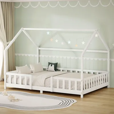 Produktbild von ML-Design Kinderbett 140x200cm mit Rausfallschutz, Dach & Lattenrost Weiß Montessori Bodenbett aus massivem Kiefernholz Hausbett für Mädchen & Jungen