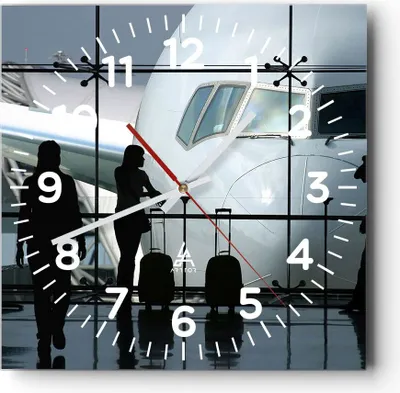 Produktbild von Wanduhr - Quadrat - Glasuhr - Flugzeug Flughafen Passagiere - 40x40cm - Schleichendes Uhrwerk - Lautlos - zum Aufhängen bereit - Dekoration Modern - Wanddekoration aus Glas - C4AC40x40-0130