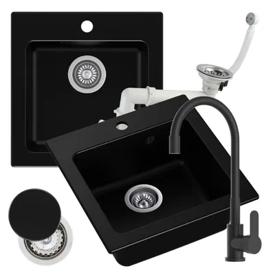Produktbild von SET Granitspüle - Spülbecken - Küchenspüle - 47,5 x 46,5 cm, Schwarz, Armatur Joga, Spender, Abflussdeckel, Einbauspüle, Siphon Platzsparend, Sole