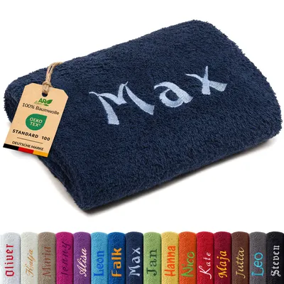 Produktbild von AR Line Duschtuch 70x140 cm mit Namen bestickt – Personalisiertes Handtuch aus Baumwolle 500 g/m², Farbe: Dunkelblau