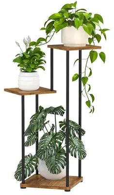 Image de Étagère à plantes, 3 niveaux, noire et marron rustique, en métal et MDF, pour intérieur