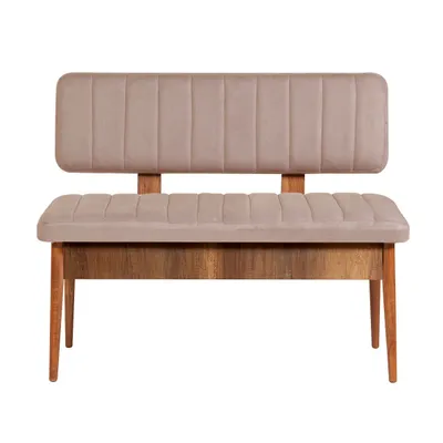 A studio shot of a beige upholstered bench with a wooden base and legs, presented against a white background.