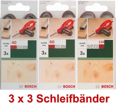 Produktbild von Bosch 3 x 3 Schleifbänder für B+D Powerfile KA 293E 6 x 451 mm, 40,60,120, Holz