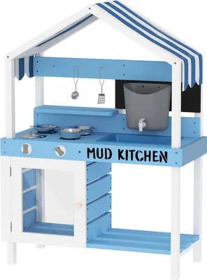 Image de Cuisine de jardin en bois avec cuisinière, évier, robinet, étagères de rangement, ustensiles de cuisine, accessoires, cuisine de jeu pour enfants 3-7 ans Bleu Aosom