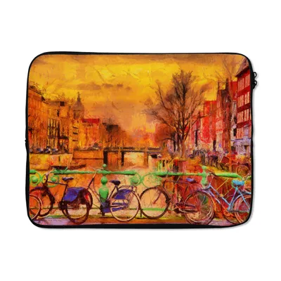 Produktbild von MuchoWow® Laptop Hülle 15 Zoll Gemälde - Fahrrad - Amsterdam - Gracht - Öl Laptoptasche - Laptoptasche - Sleeve - Rundum-Schutz