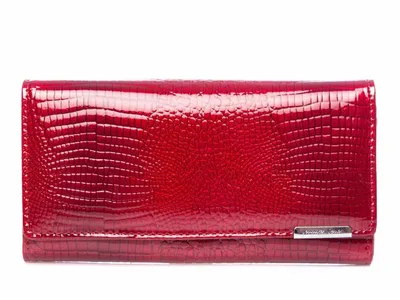 A red, textured wallet is displayed against a white background.