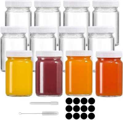 Zdjęcie produktu dla Zestaw 12 szklanych butelek wielokrotnego użytku o pojemności 60 ml, z zakrętkami
