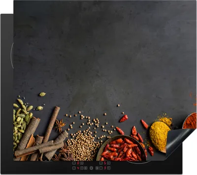 Produktbild von KitchenYeah© Herdabdeckplatte Kräuter - Lebensmittel - Gewürze - Schwarz - Paprika - Zimt , 59x52cm, Küche Deko, Glaskeramikkochfeld Herdabdeckung, Abdeckplatte fùr Kochfeld