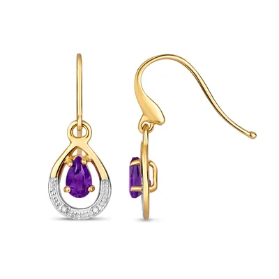 Produktbild von Wunderschöne 9 Karat (375) Gold Damen - Diamant Paar Ohrstecker Brillant-Schliff H - PK mit Amethyst - 20mm*8mm; TRS35563