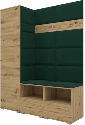 Produktbild von Garderoben-Set Nela II, Polstergarderobe mit zwei Schuhschränke, Flurmöbel mit Hochschrank (Farbe: Artisan Eiche + Trinity 28 (Flaschengrün))