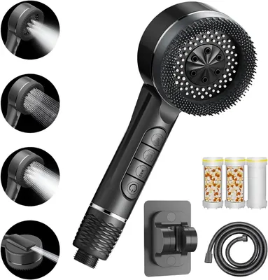 Produktbild von Duschkopf mit Filter und Hochdruck-Handbrause, 4 Strahlarten und Stoppfunktion, inklusive 1,5 m Brauseschlauch und Halterung, geeignet für hartes Wasser und zur Reduzierung von Bakterien und Restchlor