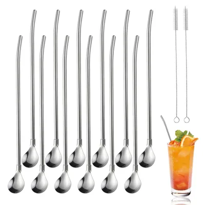 2-in-1 Trinkhalm-Löffel-Set, 12-teilig, Edelstahl 304, 22 cm