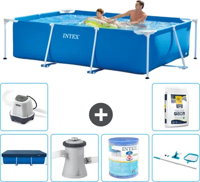 Produktbild von Intex-Schwimmbecken mit rechteckigem Rahmen – 260 x 160 x 65 cm – Blau – im Lieferumfang enthalten Abdeckung - Filterpumpe für Schwimmbad - Filter - Reinigungskit - Salzwassersystem - Poolsalz