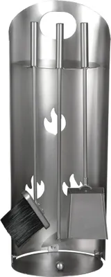 A fireplace tool set with a stand, including a brush, shovel, and poker.