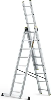 A multi-purpose aluminum ladder shown in an A-frame configuration.