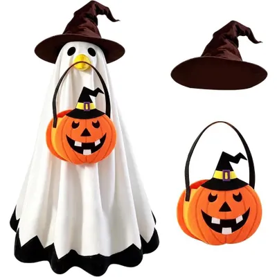 Produktbild von Halloween Deko Outdoor Halloween-Kostüm für Gartengans Gruseliger Geisterumhang Hexenhut und Kürbistasche Halloween Party Terrasse Garten Horror Deko