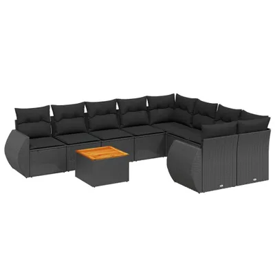 Produktbild von 9-tlg. Garten-Sofagarnitur, modular, Poly Rattan Schwarz, mit Akazienholz-Tisch, UV-beständig, inkl. 18 waschbaren Kissen
