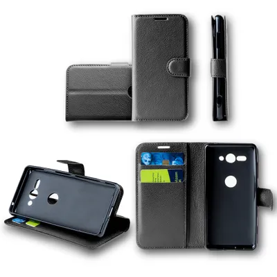 Multiple views of a black leather wallet-style smartphone case.