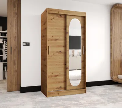 Obrázek produktu pro Šatní skříň 100 cm BEREN se zrcadlem - dub artisan