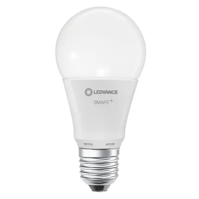 A white LED smart bulb with a silver base is shown against a white background.