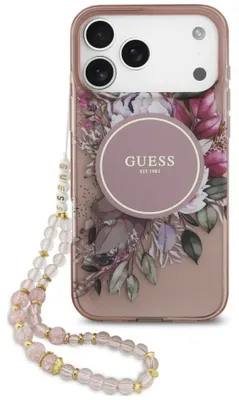Productafbeelding van Guess IML bloemen telefoonhoesje met parelkettingdetail, compatibel met Apple iPhone 18 Pro / 17 Pro, kleur: roze