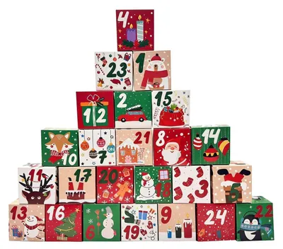 Produktbild von Adventskalender zum Befüllen mit 24 Schachteln, Weihnachtsmotive Rot/Grün, 7x7x7 cm