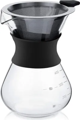 A glass pour-over coffee maker with a stainless steel filter and a black silicone grip.