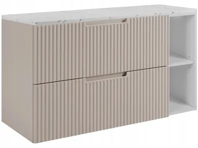 Produktbild von RODAN | Waschbeckenunterschrank 80 cm - Kaschmir - weißes Regal - Hängender Waschtisch - Soft-Close - Arbeitsplatte in Weißmarmoroptik