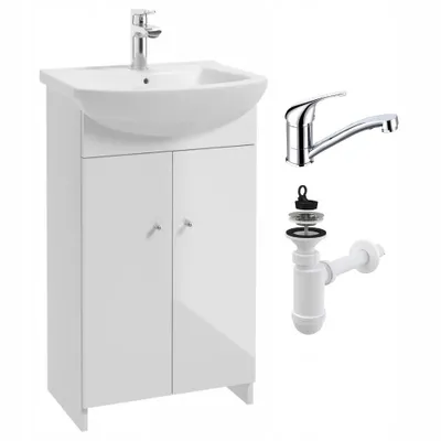 Zdjęcie produktu dla Biała Szafka Stojąca z Umywalką 50 cm Obrotowa Bateria Syfon do Łazienki