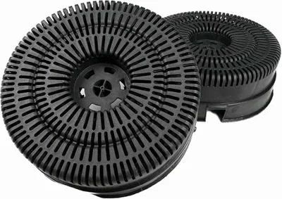 Two black circular carbon filters are shown against a white background.