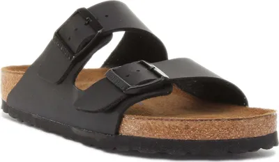 A black Birkenstock Arizona sandal is shown from a slightly angled side view against a white background.