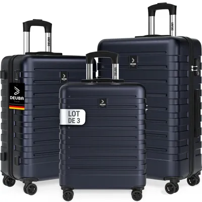 Image de DEUBA® Set de 3x Valises Rigides M, L, XL - Bagage Cabine, Taille moyenne & Bagage en Soute - Coque ABS Résistante & Légère - 4 Roues Doubles 360°, Serrure intégrée - Bleu foncé