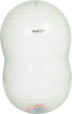 A clear, studio shot of a transparent, peanut-shaped exercise ball.