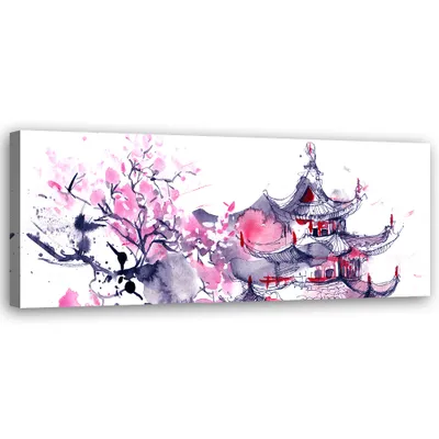 Produktbild von Leinwandbild Japanische Pagode, Aquarell 150x50 Feeby Rosa bild für die wand bereit zum aufhängen
