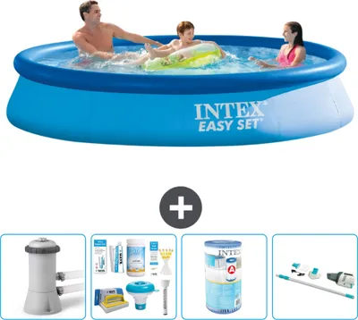 Produktbild von Intex runder aufblasbarer Easy Set-Schwimmpool – 366 x 76 cm – Blau – inklusive Pumpe Wartungspaket - Filter - Staubsauger