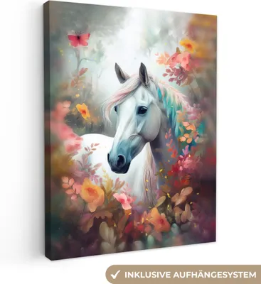 Obrázek produktu pro OneMillionCanvasses® - Obraz na plátně - Kůň - Příroda - Květiny - Zvířata - Les, nástěnná malba, nástěnné dekorace obrazy obývací pokoj, 60x80cm