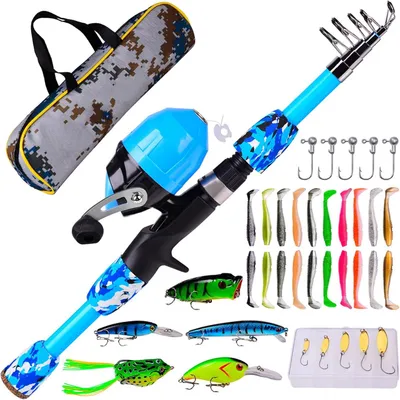 Immagine prodotto di Kit da pesca per bambini, canna da pesca telescopica da 1,5 metri con esche morbide e metalliche, accessori da pesca per bambini