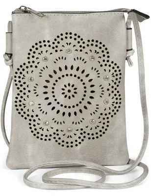 Produktbild von styleBREAKER Damen Mini Umhängetasche mit Blumen Lasercut Cutout Muster und Strass | kleine Crossbody Bag Schultertasche Handytasche 14,5 x 19 cm
