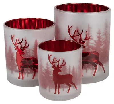 Image de Clayre & Eef Porte-bougies à chauffe-plat, set de 3, blanc, rouge, verre, cerf