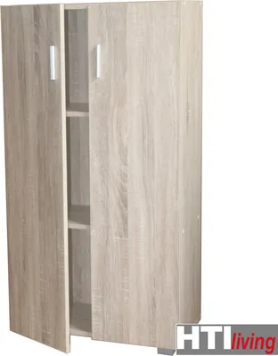 A tall, narrow cabinet with two doors, one slightly ajar, revealing shelves inside. The cabinet has a wood-grain finish.
