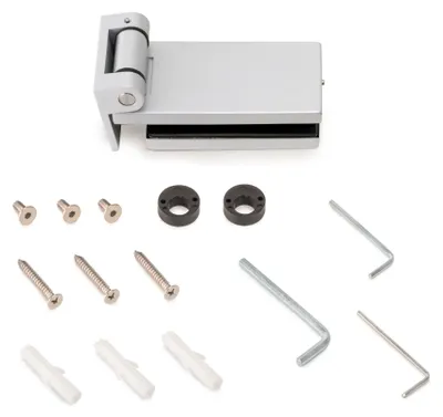Produktbild von Emuca Scharnier für Glastür mit Blende, horizontales Scharnier mit 40mm Spatel, für 8-12mm Tür, Aluminium und Stahl, grau metallic