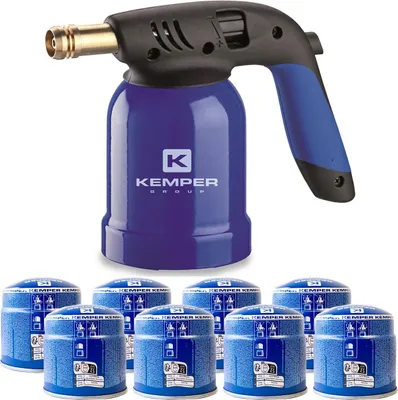 Image de Lampe a souder Coque Acier allumage piezo + 8 Cartouches de gaz 190gr STOP GAZ Perçables KEMPER