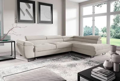 Produktbild von ANTONIO Ecksofa ANTON Höhenverstellbare Kopfstütze, Ottomane rechts/links, Schlaffunktion&Bettkasten, Eckarniutur L-form, Bezug Cord in Hellbeige