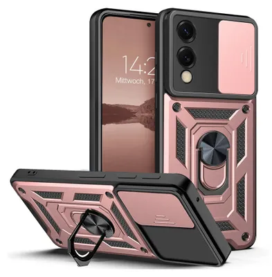 A rose gold and black armor phone case with a ring holder is displayed with a phone inside.