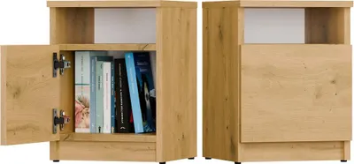 Two wooden nightstands are shown, one with its door open revealing books.