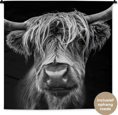 Produktbild von MuchoWow® Wandteppich Wandbehang Schottisches Hochlandrind - Hörner - Schwarz - Weiß - Kuh - Wild - Tiere 120x120 cm Tapisserie Dekoration Wandtuch - Modern - Baumwollgewebe